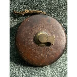 Chesterman Leather Cased Measurer with Brass Handle Cloth Tape Antique